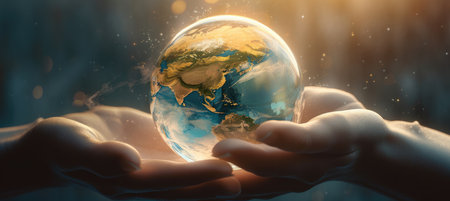 Earth globe in hands on the background of bright sun with Generative AIの素材