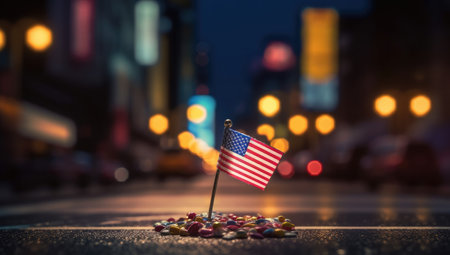 The american flag is flying in the city bokeh effect background with Generative AIの素材