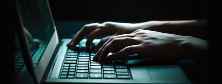 Hands of a person using a keyboard on a laptop. Dark aquamarine and gray color concept with Generative AIの素材