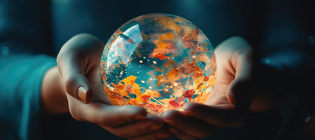 Earth globe in hands on the background of bright sun with Generative AIの素材