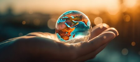 Earth globe in hands on the background of bright sun with Generative AIの素材