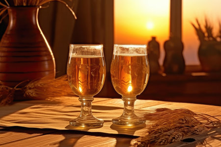 pint on a wooden table in the golden light of a summer sunset. Generative AIの素材
