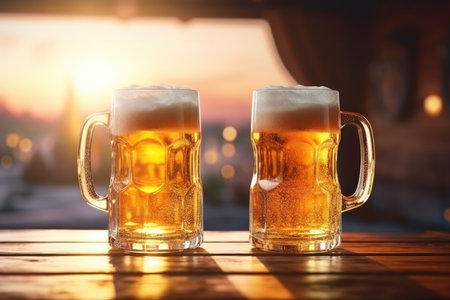 pint on a wooden table in the golden light of a summer sunset. Generative AIの素材