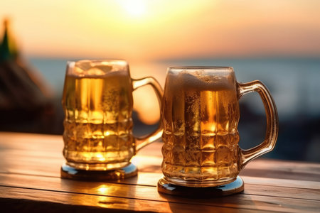 pint on a wooden table in the golden light of a summer sunset. Generative AIの素材