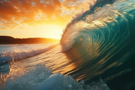 The large ocean wave hitting the shore at sunset with Generative AIの素材