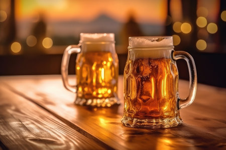 pint on a wooden table in the golden light of a summer sunset. Generative AIの素材