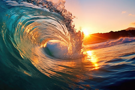 The large ocean wave hitting the shore at sunset with Generative AIの素材