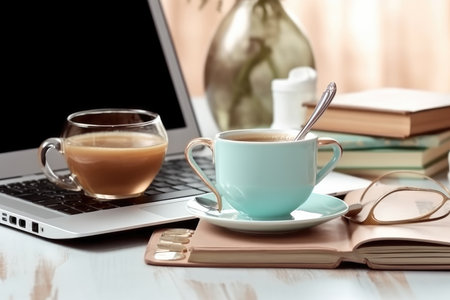 phone, cup of coffee and eucalyptus with a laptop concept photo with Generative aiの素材