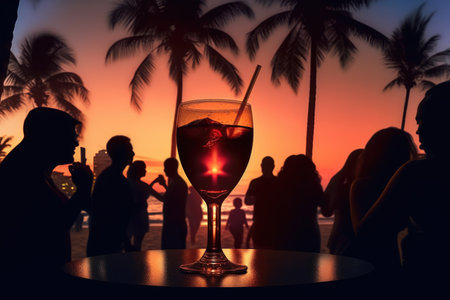 palm tree and drinks in glasses on beach silhouette sunset. selective focus photo. generative aiの素材