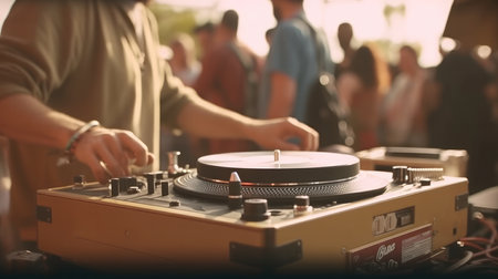 Dj playing music on a turntable in front of a crowd at festival, closeup photo with Generative AIの素材