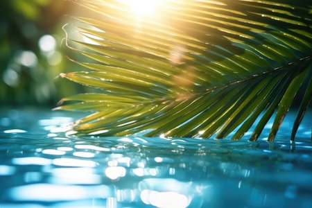 Summer tropical beach background with palm leaves, sparkling water reflections with Generative AIの素材