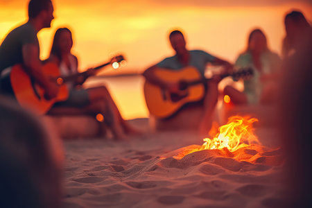 Musicians at the guitar over a campfire at dusk at the beach with Generative AIの素材