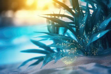Summer tropical beach background with palm leaves, sparkling water reflections with Generative AIの素材