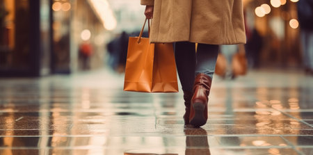 Woman with shopping bags walking on street with Generative AIの素材
