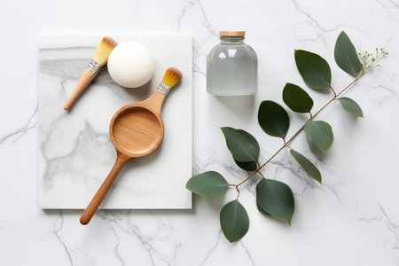Eucalyptus oil, brush and bottle of natural oils on white background design with Generative AIの素材