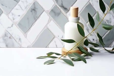 Eucalyptus oil, brush and bottle of natural oils on white background design with Generative AIの素材