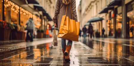 Woman with shopping bags walking on street with Generative AIの素材