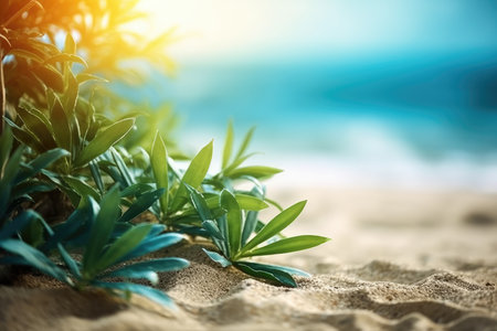 Summer tropical beach background with palm leaves, sparkling water reflections with Generative AIの素材