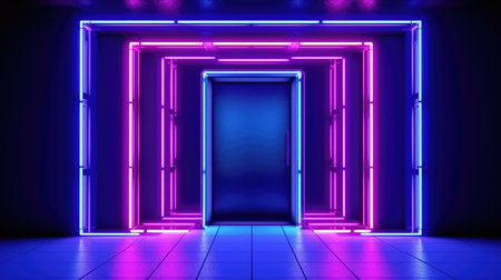 The front door of a room with fluorescent beams of light. Futuristic geometric abstraction, neon lights background with Generative AIの素材