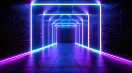 The front door of a room with fluorescent beams of light. Futuristic geometric abstraction, neon lights background with Generative AIの素材