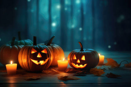 Halloween pumpkins and jack o lanterns on table with beautiful misty atmosphere, mysterious backdrop with Generative AIの素材