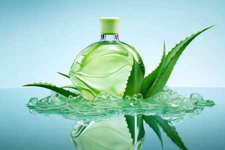Glass jar of aloe vera juice and fresh aloe vera leaves with Generative AIの素材