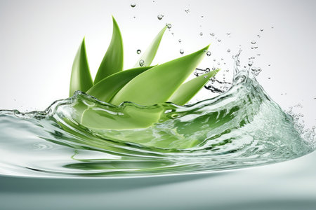 Glass jar of aloe vera juice and fresh aloe vera leaves with Generative AIの素材