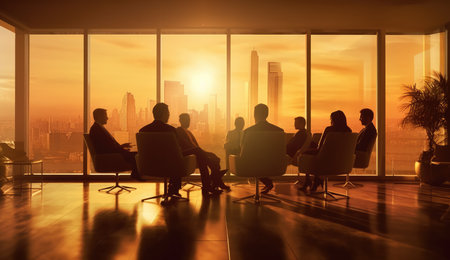 A blurred image of business people in an office, silhouette figures with Generative AIの素材