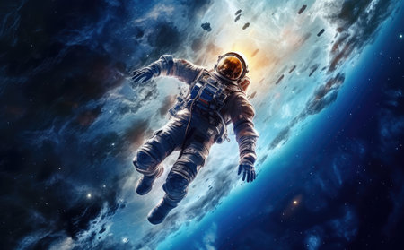 Astronaut in space in a wide angle photo with Generative AIの素材