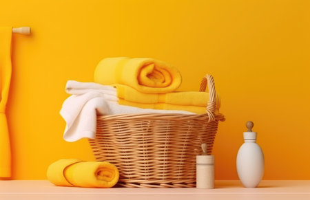 Towels, shampoo and soap in a basket against yellow wall with Generative AIの素材