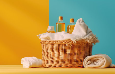 Towels, shampoo and soap in a basket against blue wall with Generative AIの素材