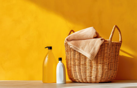 Towels, shampoo and soap in a basket against yellow wall with Generative AIの素材
