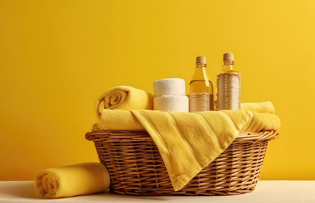 Towels, shampoo and soap in a basket against yellow wall with Generative AIの素材