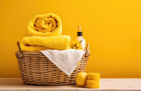 Towels, shampoo and soap in a basket against yellow wall with Generative AIの素材