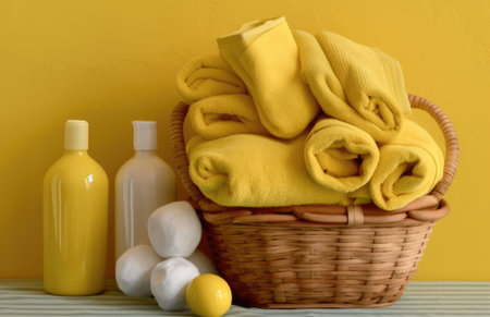 Towels, shampoo and soap in a basket against yellow wall with Generative AIの素材