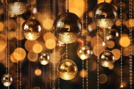 Disco balls image in gold on golden background. Generative AIの素材