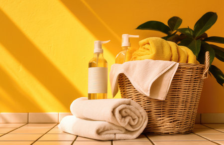 Towels, shampoo and soap in a basket against yellow wall with Generative AIの素材