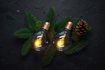 Christmas decoration, christmas lights with fir branches on a black textured background with Generative AIの素材
