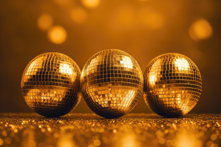 Disco balls image in gold on golden background. Generative AIの素材