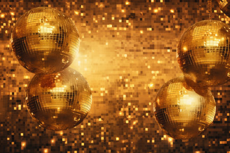 Disco balls image in gold on golden background. Generative AIの素材