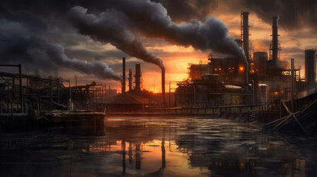 An industrial site at sunset with water and smoke. Photo that draws attention to air pollution with Generative AIの素材