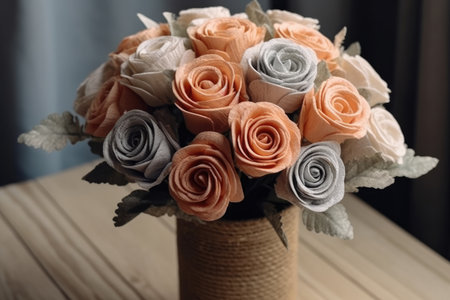 A bouquet of flowers on a table. Cute and soft colorful flowers with Generative AIの素材