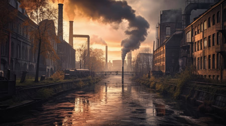 An industrial site at sunset with water and smoke. Photo that draws attention to air pollution with Generative AIの素材