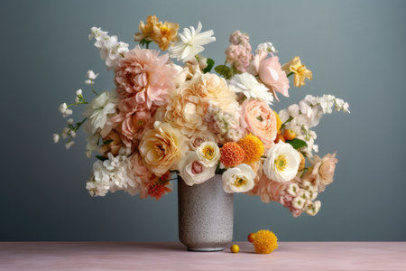 A bouquet of flowers on a table. Cute and soft colorful flowers with Generative AIの素材