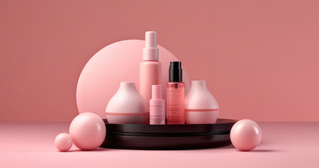 Makeup cosmetics and products mockup, pink background with Generative AIの素材
