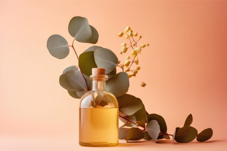 Essential oil bottle mockup and eucalyptus leaves on a yellow background with Generative AIの素材