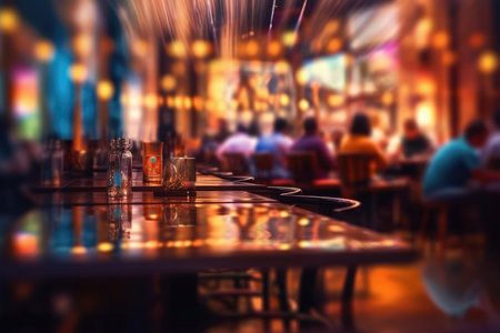 Blurred background of people sitting at restaurant. Bar or night club with lights bokeh. Generative AI contentの素材