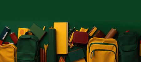 Pencils, backpack and more items on a green background. Back to school concept with Generative AIの素材