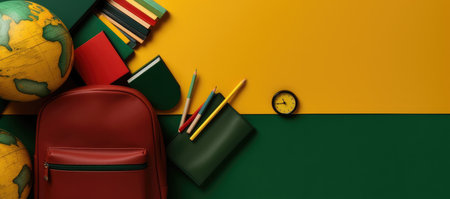 Pencils, backpack and more items on a green background. Back to school concept with Generative AIの素材
