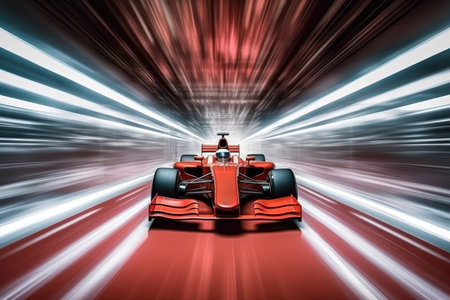 Red racing car in motion in a road with Generative AIの素材